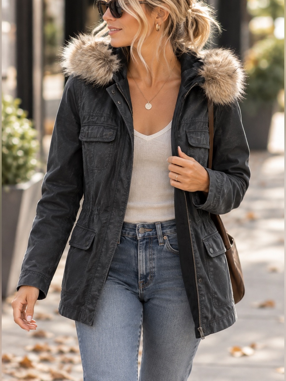 Caslon Black Coated Canvas Utility Jacket Faux Fur Hood Lightweight Coat Small